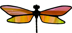 Stained Glass Dragonfly in shades of pink, orange, and green
