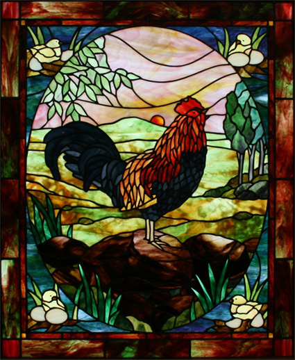 Stained Glass by Chippaway Art Glass, Rooster with Chicks and Eggs in