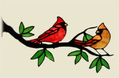 Stained Glass Cardinals on branch, Window Frame Birds by Chippaway Art Glass