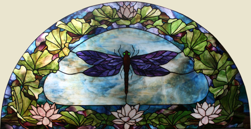 Dragonfly and Water Lilies in Stained Glass by Chippaway Art Glass