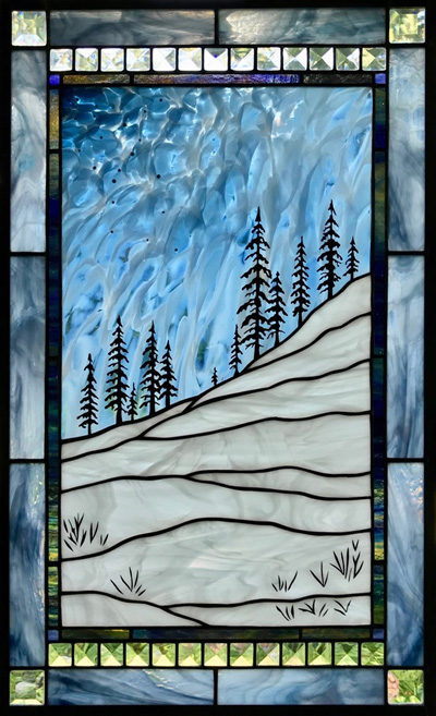 Evergreen Frozen Winter in Stained Glass by Chippaway Art Glass