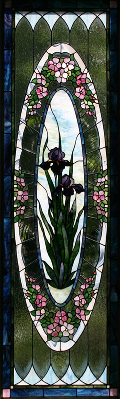 Iris with Pink Flowers in Stained Glass for Door, by Chippaway Art Glass