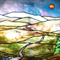 3 Transom Windows in Stained Glass depicting a Cabin in the Woods, Mount LaFayette, and a Cool Mountain Stream by Chippaway Art Glass